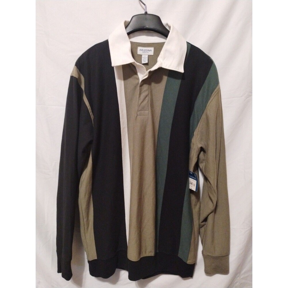 Arizona Jean Co Rugby Polo Shirt Men’s Small Green/Black/Tan Striped Long Sleeve